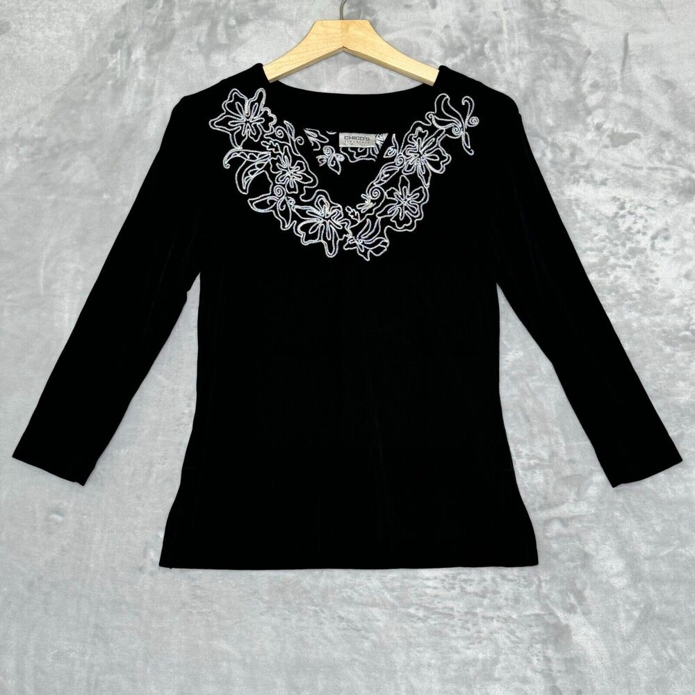 Chicos Travelers Top Womens Small Black V Neck White Embroidered Stretch Boho